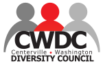 Three cartoon silhouettes of people, one dark gray, one red, one light gray. They are standing above the letters in bold "CWDC" and underneath it says "Centerville Washington Diversity Council"